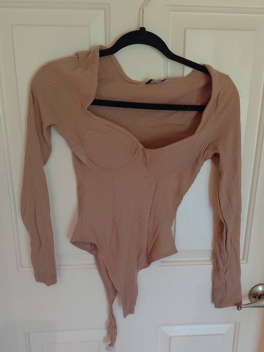 Fashion Nova Ribbed Long Sleeve Bodysuit in Taupe